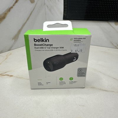 "Belkin BoostCharge 36W Car Charger with Dual USB-C Outputs- Black "
