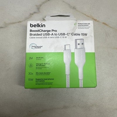 Belkin BoostCharge Braided USB-A to USB-C 2.0 Cable - 2m - White [CAB022fq2MWH]